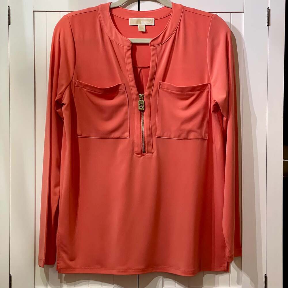 Michael Michael Kors Women's Coral Long Sleeve Zip-Front Blouse Size S